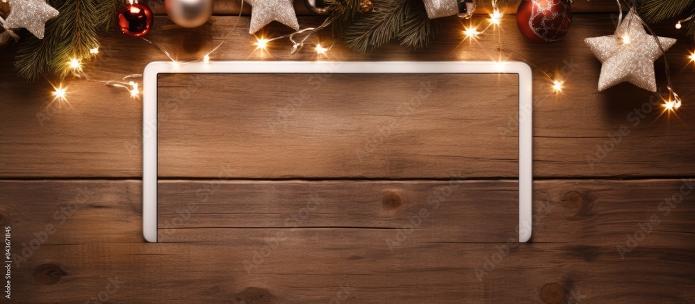 Poster white tablet computer on a wooden table with with christmas toys and stars view top. copy space avai