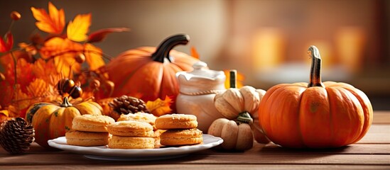 Thanksgiving cooking sets the stage for an autumn dessert featuring pumpkins cookies and a delightful copy space image