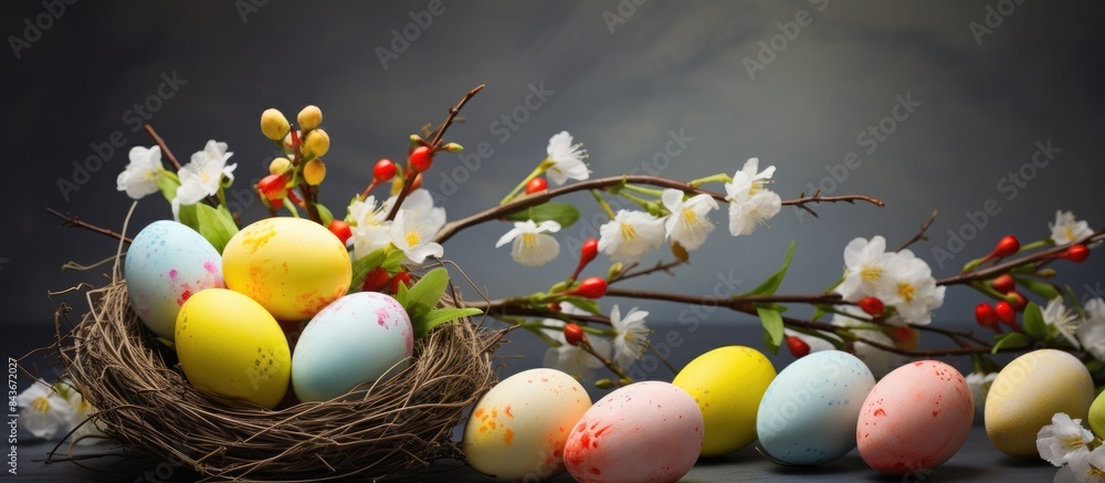 Aufkleber easter greeting card mockup spring flowers willow twigs and easter eggs space for text. copy space a