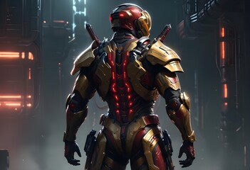 A muscular robot designed as a samurai, ready for battle