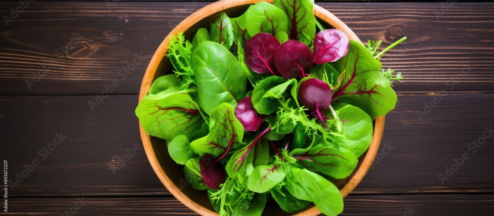 Aufkleber overhead shot of fresh green salad with spinach arugula and beetroot leaves in bowl on old wooden ba