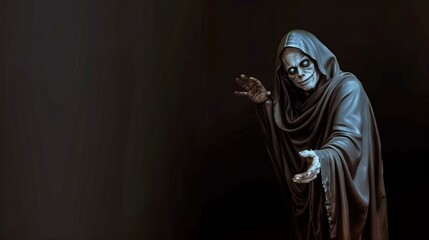 Hooded skeletal figure reaching out in a dark, eerie atmosphere, evoking a sense of dread and mystery.