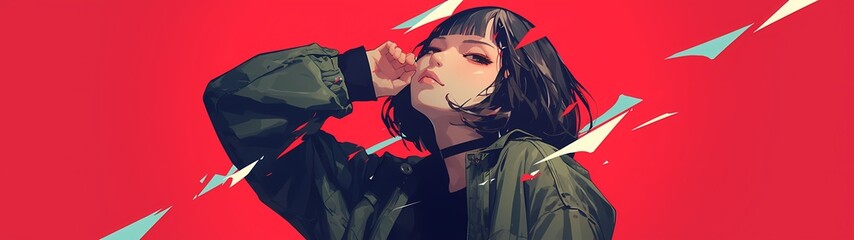Naklejka premium Portrait illustration of short-haired girl wearing jacket posing on red background, vibrant pop anime illustration, background with 32:9 ratio size