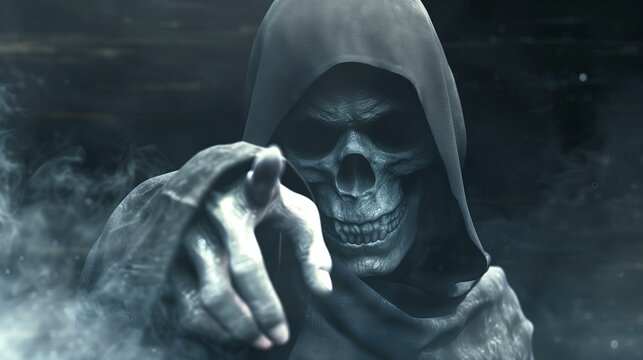 Grim Reaper in a dark, foggy ambiance, pointing ominously forward, embodying eerie and mysterious vibes.