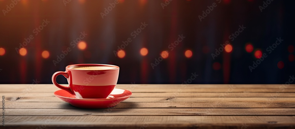 Poster coffee cup red on wood table in cafe with space for text. copy space available