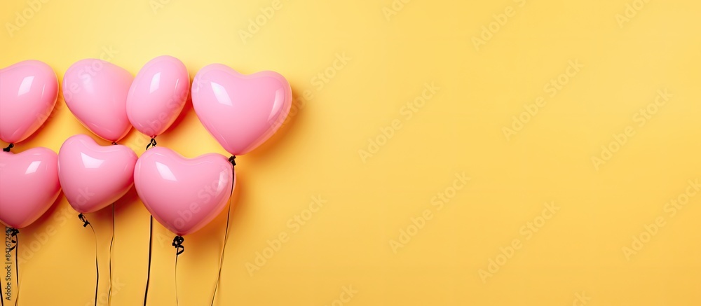 Poster Heart shaped balloons and yellow card on pink background flat lay Space for text. copy space available