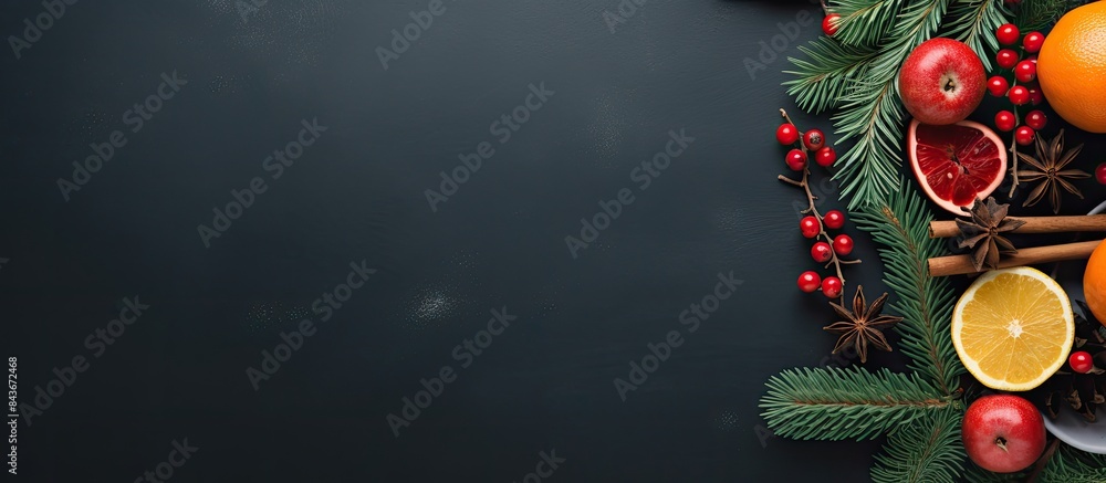 Poster christmas composition on dark abstract background flat lay top view with copy space