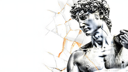 a cracked statue on a pure white isolated background 