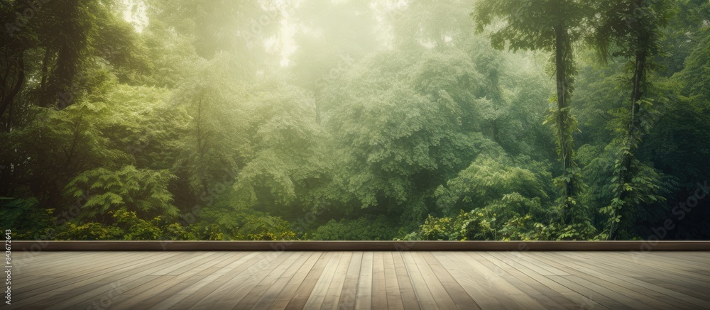 Aufkleber Empty perspective room with blurred green tree forest and wooden plank floor Template mock up for display of your product. copy space available