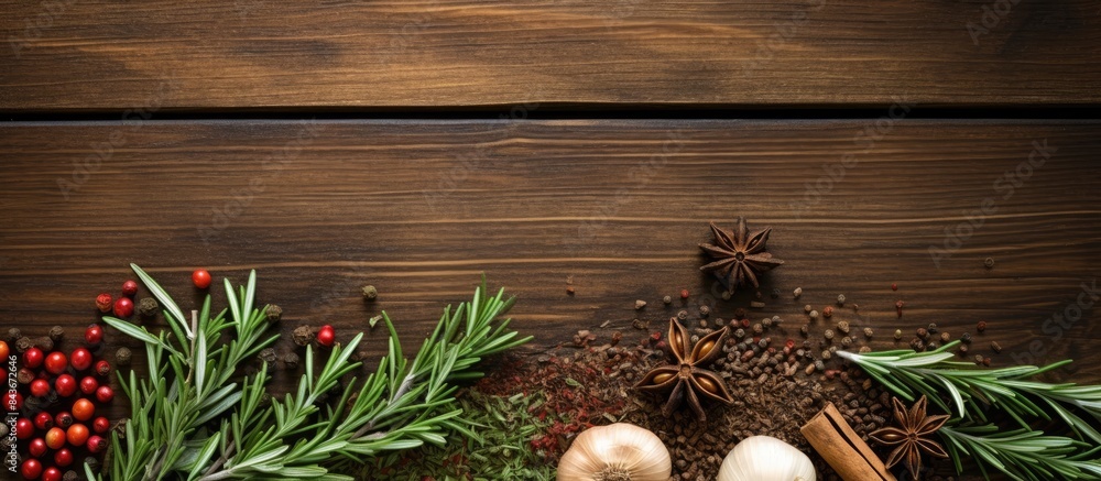 Poster sprigs of fresh fragrant rosemary in a bunch and other spices on a brown wooden background copy spac