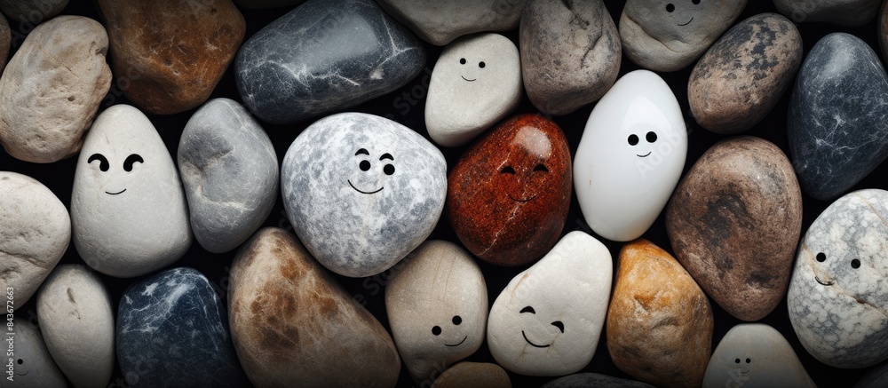 Aufkleber halloween background with funny painted stones like ghosts top view. copy space available