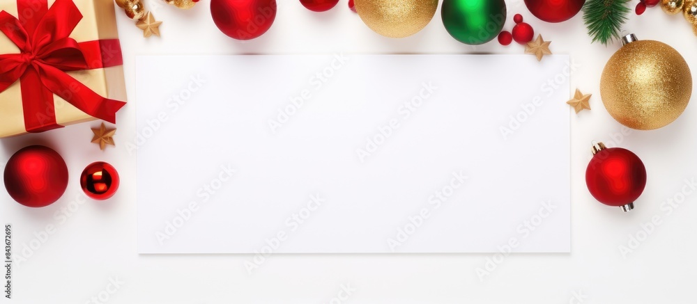 Poster a christmas themed blank greeting card featuring colorful gift boxes and ornaments surrounded by a b