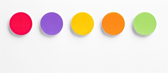 six round multi colored stickers on a white isolated background. copy space available