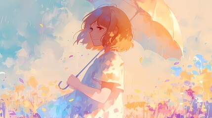 illustration of a girl and an umbrella on a solid background