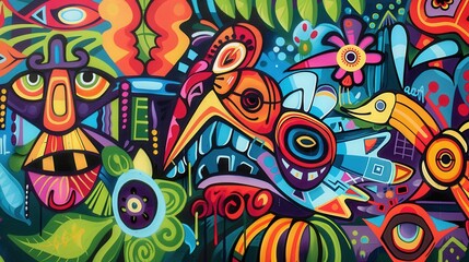 Fototapeta premium Cultural Fusion - Vibrant Graffiti Mural Blending Diverse Elements in Harmonious Composition