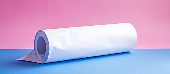 torn blue and white papers with rolled edges on pink background. copy space available