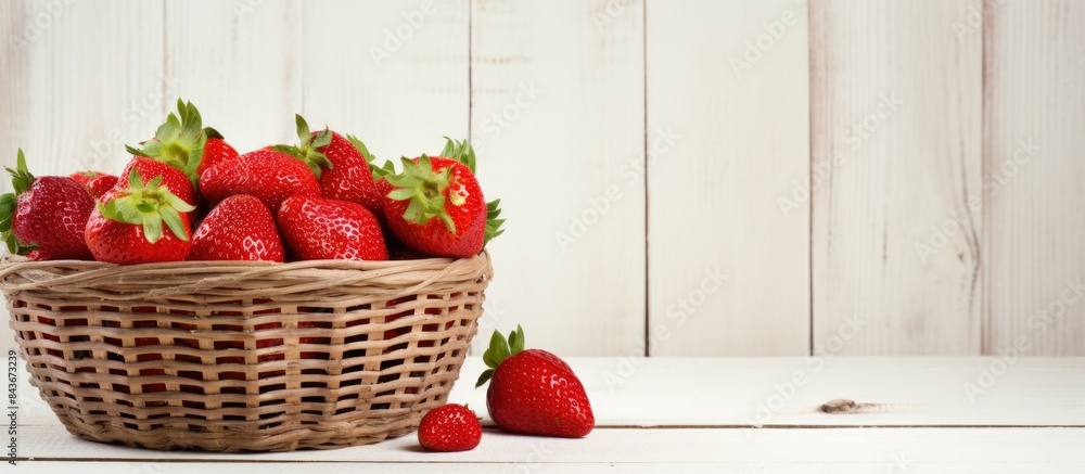 Poster copy space image of a wicker basket filled with ripe strawberries placed on a checkered tablecloth a