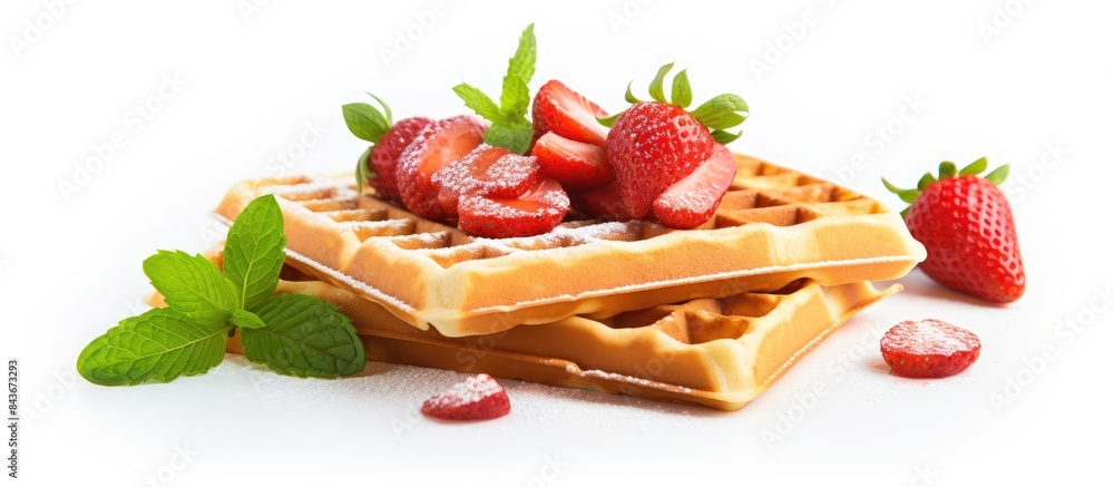 Poster waffles with strawberries and mint on a white background copy space