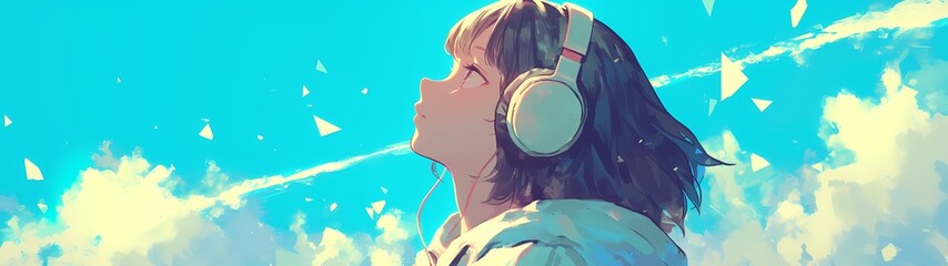 illustration of Asian girl using headphones on blue sky