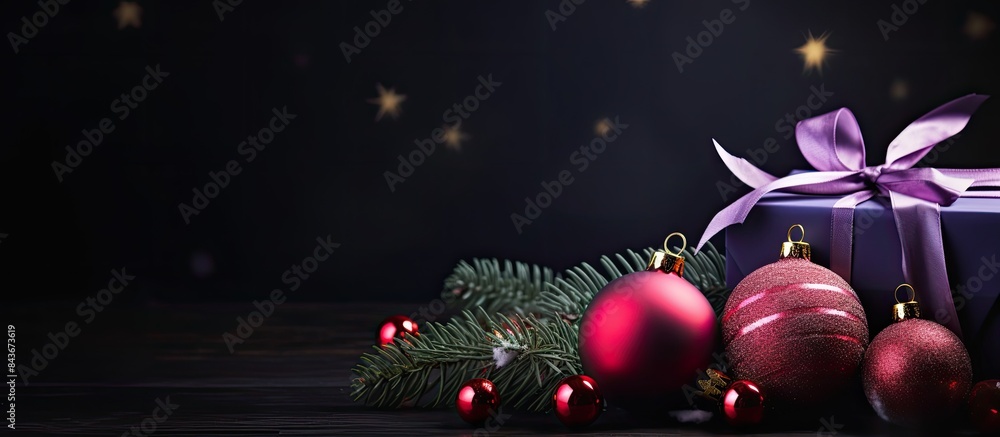 Poster christmas tree branch with purple and red wavy ball gift box on a dark background flat lay with copy
