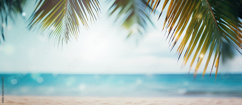 Aufkleber sand with blurred palm and tropical beach bokeh background summer vacation and travel concept copy s