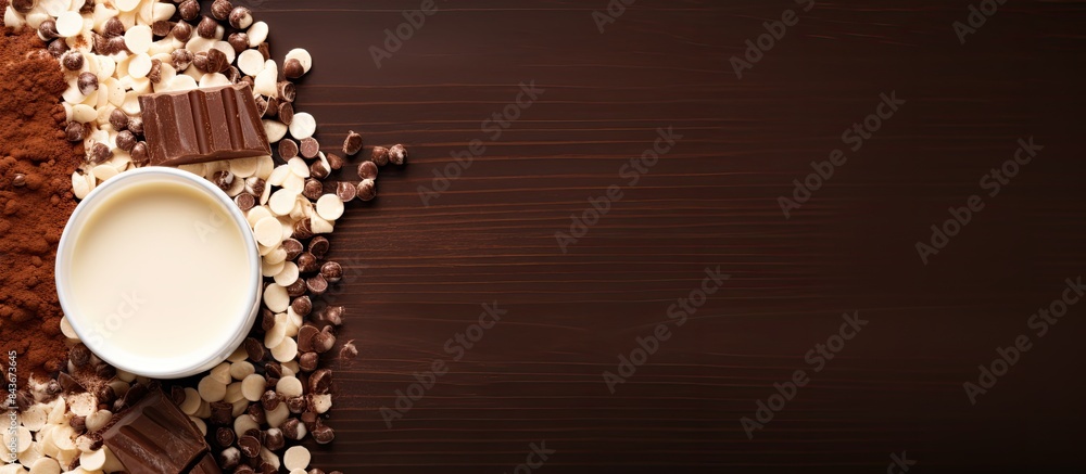 Poster pieces of chocolate and a carafe of milk on a brown color background top view place for text. copy s
