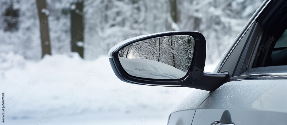 Aufkleber a modern car s side view mirror is seen covered in snow providing ample copy space for an image