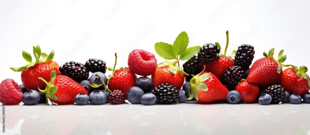 Poster Variety of ripe berries on a white background creating a copy space image