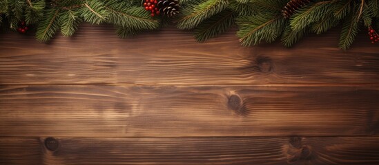 Christmas decoration with fir branches on wooden table Christmas holiday celebration and new year concept Copy space and Top view