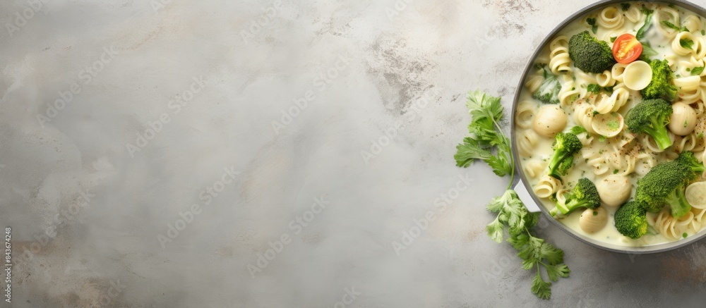 Poster pasta with green vegetables and creamy sauce in copper saucepan grey stone background top view. copy