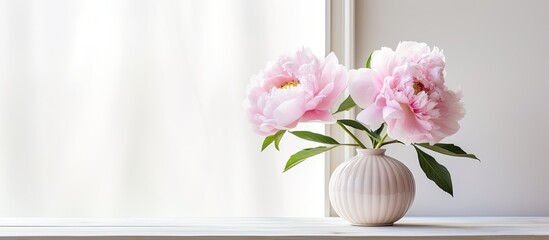 A vintage toned image of a pink peony flower in a vase against a white background of a cozy home providing copy space for your text