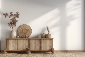 Obraz premium wooden cabinet with home decorations,A 3D interior illustration featuring a wooden cabinet with home decorations, set on a wooden floor against a white wall