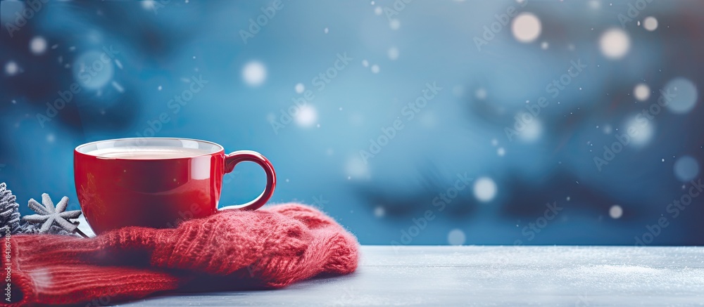 Poster baking in the shape of a christmas tree and a red mug with frothy coffee wrapped in a knitted blue s