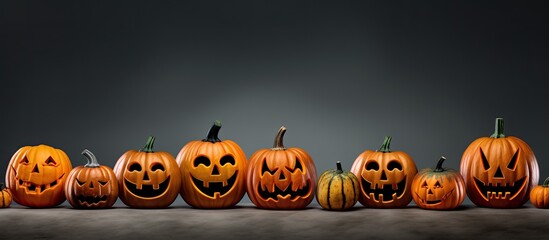Pattern of many different pumpkins with a hard shadow on a gray background Halloween concept Banner. copy space available