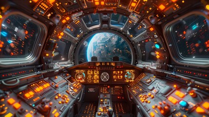 Spaceship cockpit interior with control center.