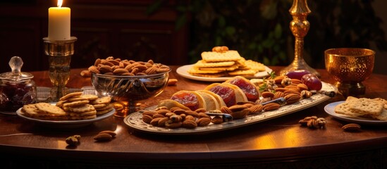 Fototapeta premium A beautifully set table at the Festive Mimouna celebration features a variety of Jewish Moroccan treats including Mofletta a scrumptious Sephardic Jewish pancake Among the delightful offerings are Za
