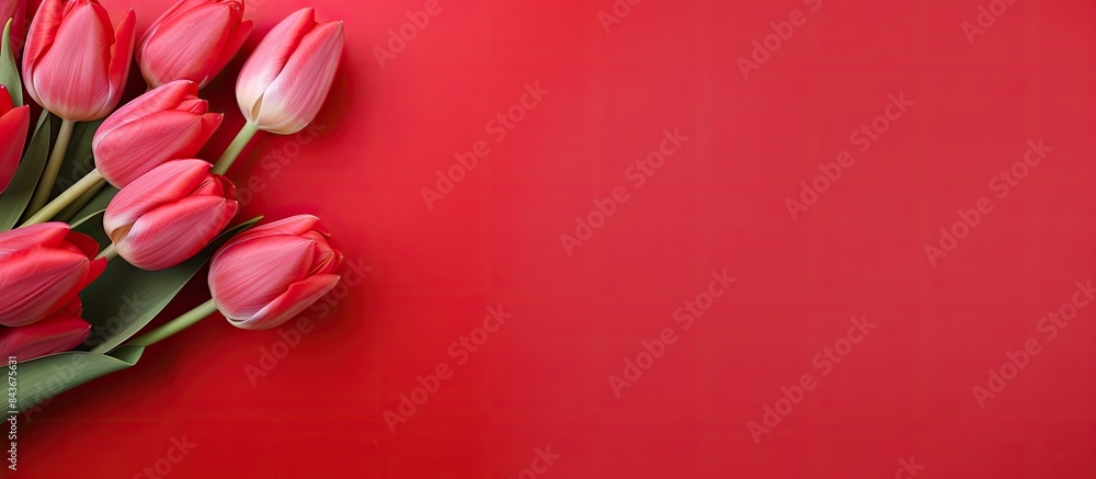 Poster banner with a bouquet of red tulips on red background flat lay with flowers top view with copyspace 