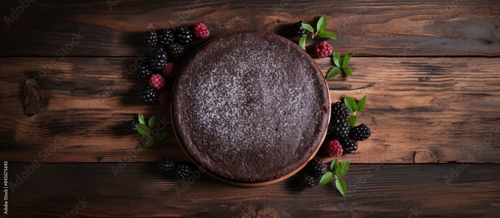Aufkleber cutted chocolate cake with black currant confit on the wooden background flat lay top view copy spac