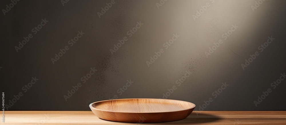 Aufkleber Empty wooden plate and soft shadows on grey background Wooden podium for food or cosmetic product mockup Showcase for product presentation Front view copy space for text Minimal composition