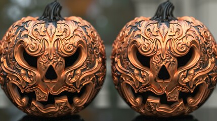 Two intricately carved Jack-o'-lanterns with ornate designs, perfect for a spooky Halloween night.