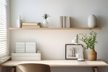 Scandinavian interior design of a home office furniture table shelf.