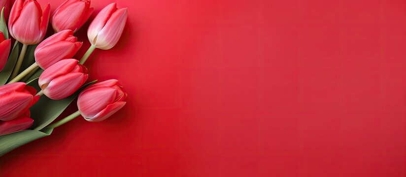 Banner with a bouquet of red tulips on red background Flat lay with flowers top view with copyspace International Women s Day Mother s Day concept Valentines spring background floral mock up