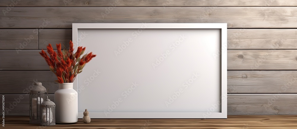 Aufkleber Empty frame with other decor on table near wooden wall Mockup for design. copy space available