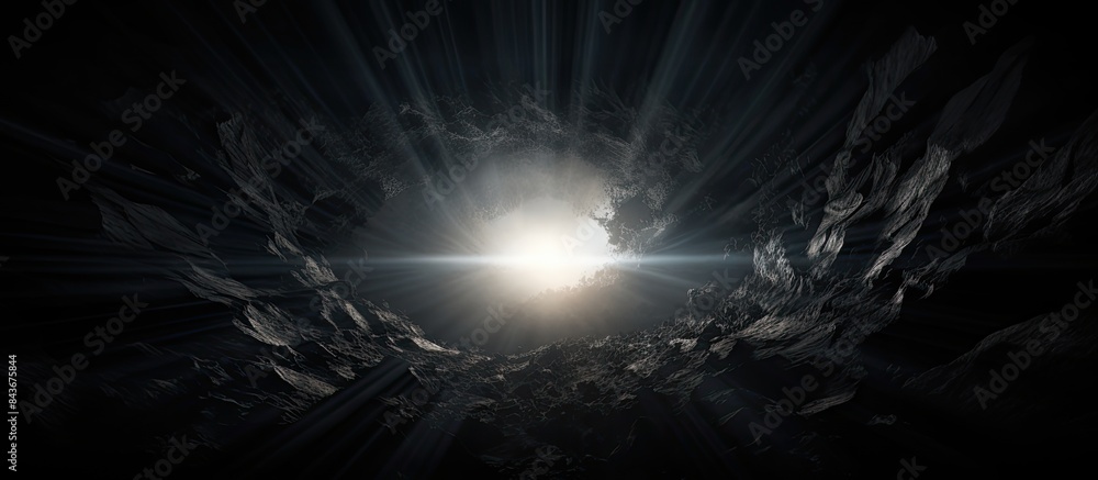 Poster an isolated round hole in black paper with torn edges and piercing sunlight and rays through it sunl