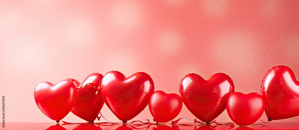 Wall mural Red heart shaped balloons on color background closeup Valentine s Day celebration. copy space available