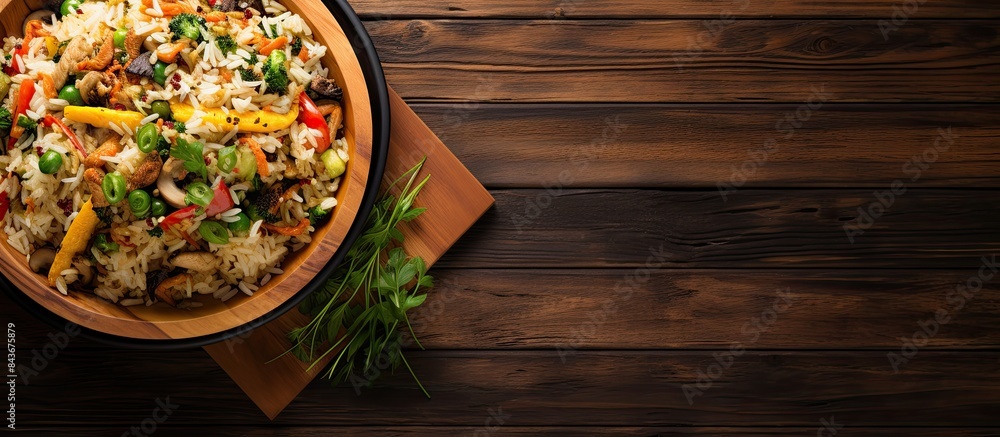 Poster a bird s eye view of a colorful asian stir fried rice dish with vegetables perfect for using as a co