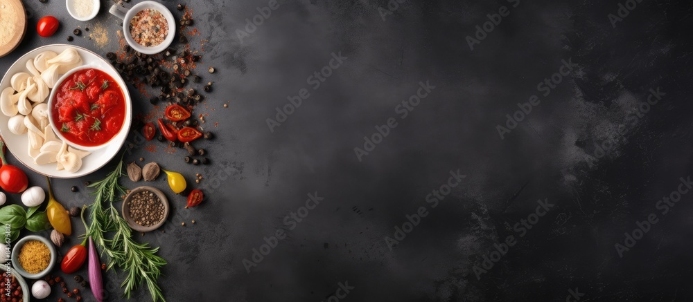 Poster copy space image of pizza preparation with ingredients on a grey background