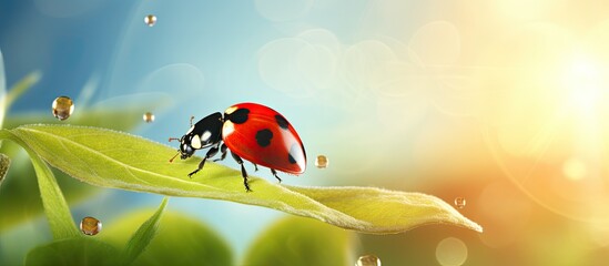A Coccinella septempunctata ladybug is seen preparing to take flight in the image with copy space