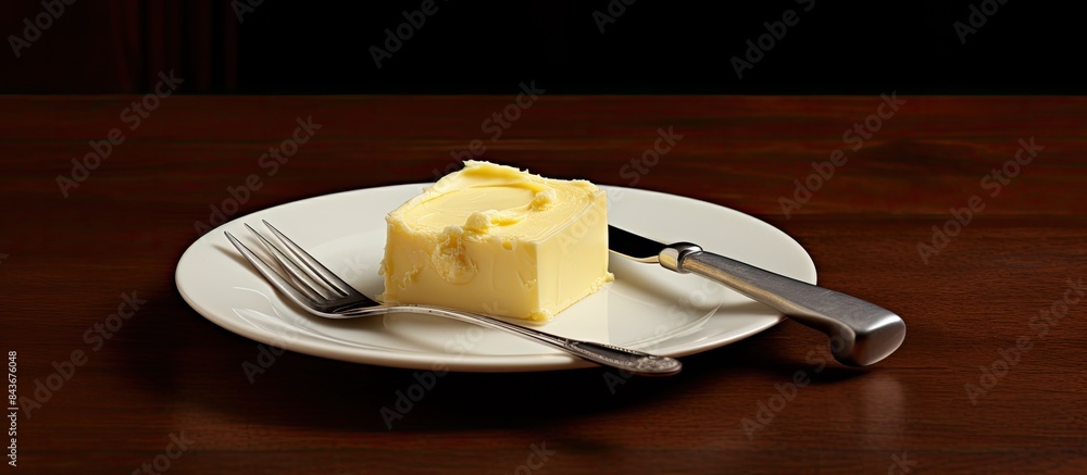 Poster plate with butter and knife on table. copy space available
