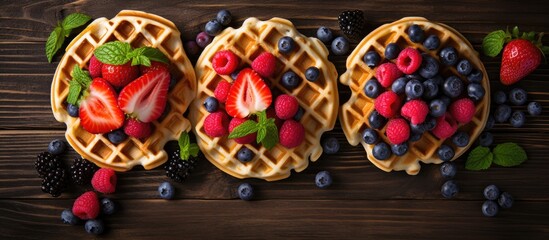 Fototapeta premium A flat lay of Belgian waffles with fruit toppings seen from a top view providing space for text. copy space available